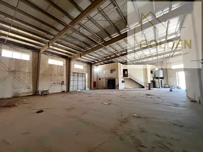 Corner Warehouse for Rent in Umm Al Thoub Umm Al Quwain with 100 KW Power Fully Fitted Administrative Office Private Bathroom and Kitchen Total Area 8,193 Sq.ft Two Entrances Prime Main Road Access Wi
