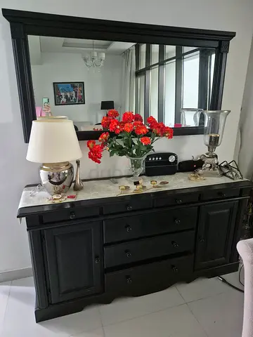 Large Black Wooden Dresser with Mirror and Marble Top