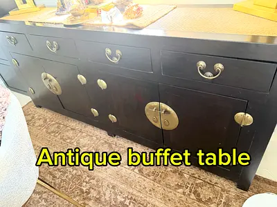 Vintage Chinese-Style Black Wood Buffet / Sideboard with Brass Hardware