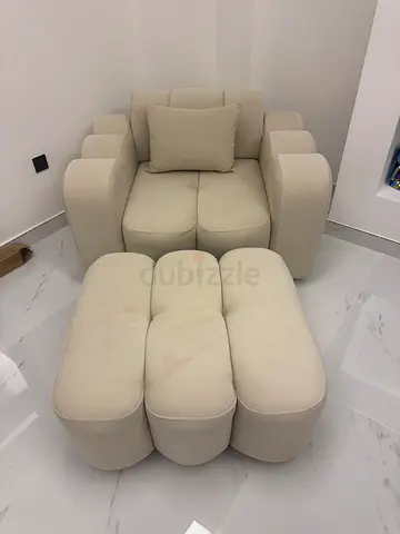 Modern Modular Armchair with Matching Ottoman – Cream Bouclé/Velvet Luxury Lounge Chair