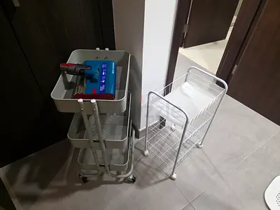 Metal Rolling Storage Trolleys - 2pcs (Mesh & Wire Shelves)