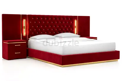 Queen size upholstered bed with integrated headboard and bedside tables - red