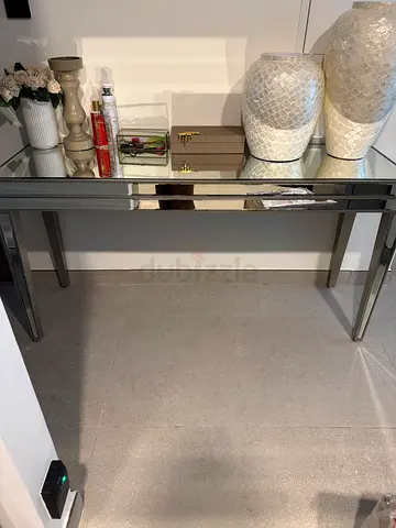 Slim Console Table with Mirrored Trim - Grey Metal Frame and complementary round mirror