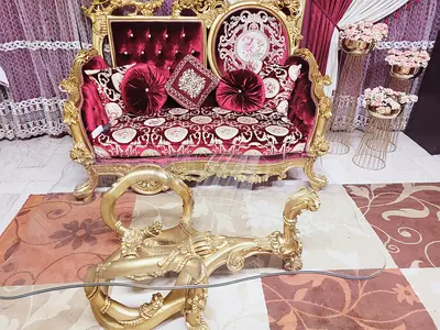 Ornate Gold and Burgundy Sofa with Glass Coffee Table - Elegant Living Set