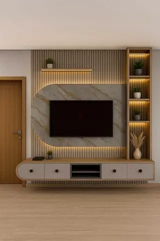 Modern built-in TV entertainment unit with illuminated shelving