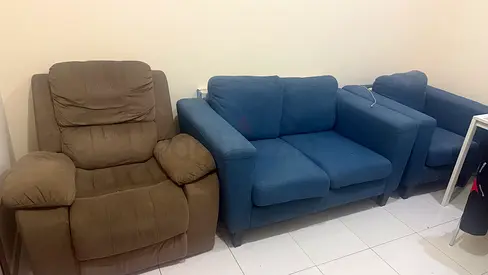 Used 3-piece living room set — blue 2-seater sofa, armchair and recliner (good condition)