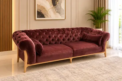 Maroon Velvet 3-Seater Chesterfield Sofa with Wooden Base