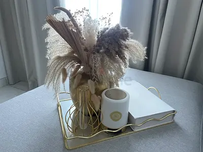 Gold Decorative Tray with Dried Pampas Arrangement