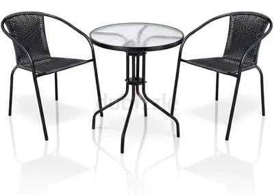3-piece Outdoor Bistro Set - Metal Table with 2 Wicker Chairs (Black) and round table