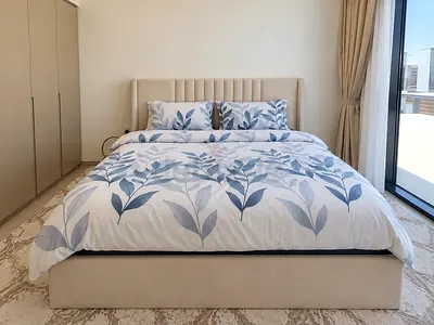 King size bed with mattress & storage (light beige)