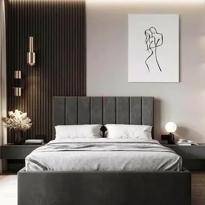 Grey upholstered double bed frame with padded headboard - modern design