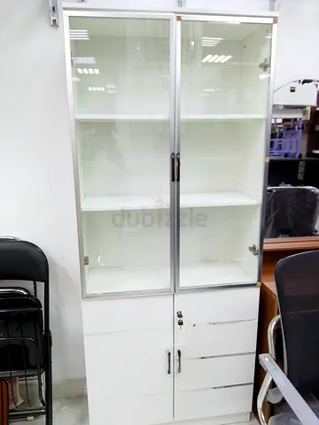White Metal & Glass Display Cabinet with Lockable Storage
