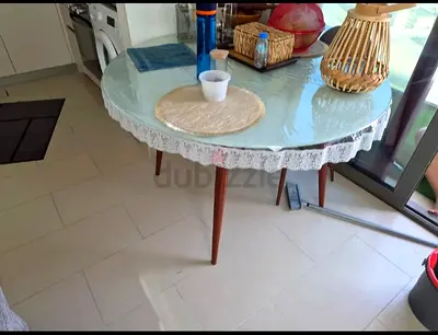 Round Vintage Mid-Century Wooden Dining Table (Glass Top) - Good Condition