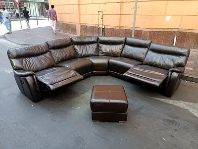 Large Brown Leather Corner Recliner Sofa with Ottoman - 6 Seater