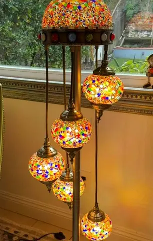 Multicolor Turkish Mosaic Floor Lamp with 5 Hanging Glass Pendants