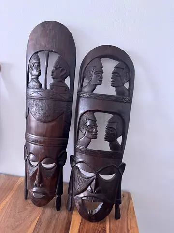 Hand carved African wooden masks - Set of 2, vintage-style wall masks