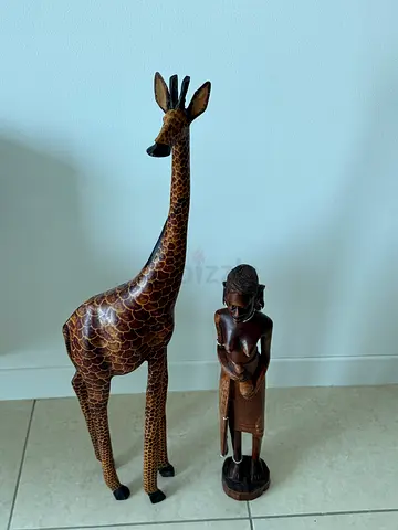 Hand-carved Wooden Giraffe and African Figure Statues - Pair