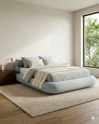Low-profile modern upholstered platform bed in light blue (Queen)