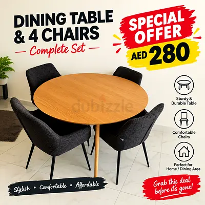 Round Wooden Dining Table with 4 Upholstered Chairs