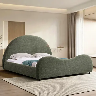 Modern Curved Upholstered Double Bed Frame in Green Fabric