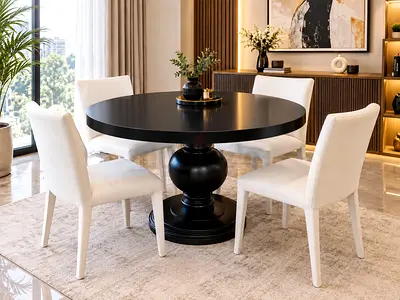 Marina Home Round Black Marble Pedestal Dining Table with 4 Leather Chairs