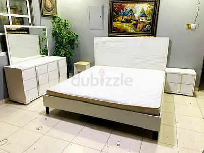 White Modern King Bed Frame with Headboard, Dresser and Nightstands - Set