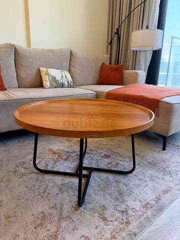 Round Wooden Coffee Table with Metal Base - Modern Minimalist