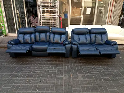 Leather 6-Seater Recliner Sofa Set (3+2) - Dark Blue, Good Condition