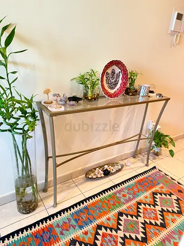 Glass Top Console Table with Metal Frame — Good Condition ( without decoration pieces )