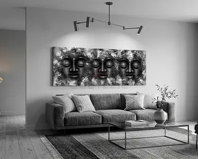 Hand-painted Black & White Buddha on solid wood and fabric (120 x 45 cm)