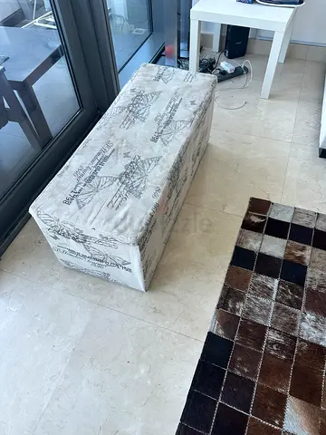 Upholstered Storage Bench/Ottoman in Neutral Fabric — Good Condition