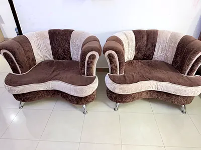 Pair of 2-Seater Brown & Beige Velvet Loveseats, Good Condition
