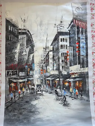 Shanghai Dreams- Old Shang market . Famed City Street Winter Oil Painting (Wrapped) - Vintage Style