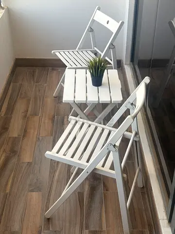 White wooden folding balcony chairs - set of 2 + cactus tree + miniature plant