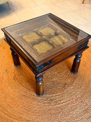60x60cm Solid Wood Oriental Side Table with Brass and Glass Top - Vintage Style