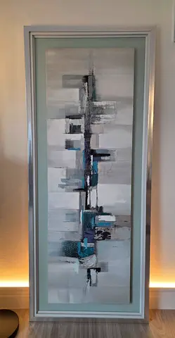 Framed Abstract Vertical Painting in Grey & Teal