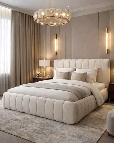 Upholstered King Bed with Padded Headboard - Beige