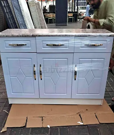 White Kitchen Cabinet with Marble Top - 3 Doors, 3 Drawers