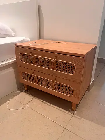 Two Wooden Bedside Nightstand with Rattan Drawer Fronts - Good Condition