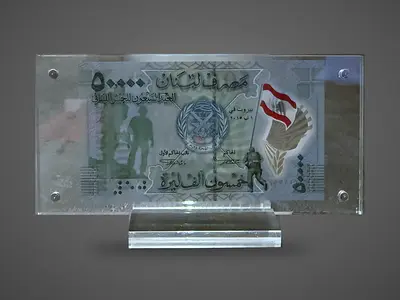Framed Lebanese 50,000-Lira Banknote Display - Acrylic Stand