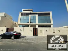 Villa for rent in Al Zahia: 5 master bedrooms, a majlis, a living area, a roof terrace, and a maid's
