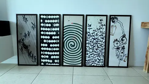 Set of 5 Framed Black & White Modern Art Prints originally from Japan. Ready to Hang