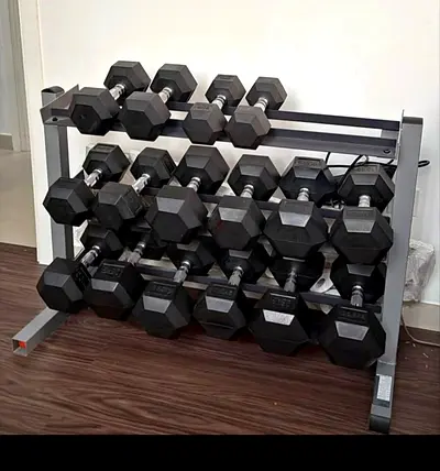 Hex Rubber Dumbbell Set with 3-Tier Rack - Multiple Weights