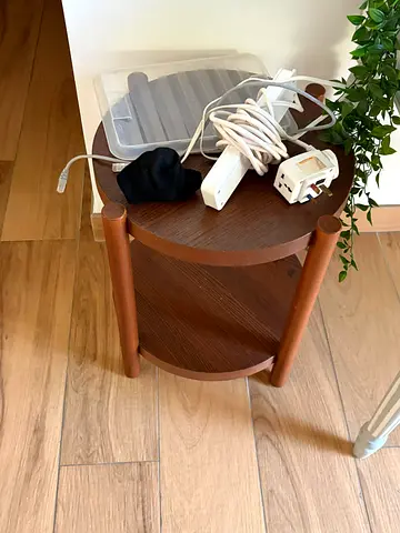 Small round wooden side table - two-tier, brown