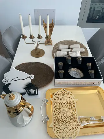 Gold and White Arabic Tea Set with Trays, Candle Holders and Serving Accessories - Used