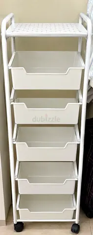White 5-Drawer Rolling Storage Organizer - Slim Plastic Drawers & metal roof, trolley on Wheels
