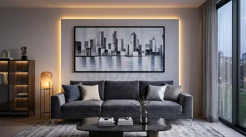 Large Monochrome Cityscape Canvas Painting with Black Frame (125 x 65 cm)