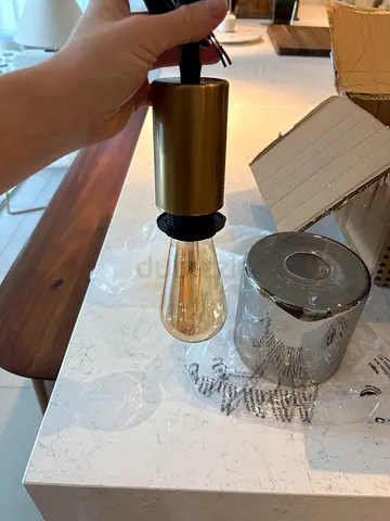 2 x Brass Pendant Light with Smoke Glass Shade - New in box and packaging. 2 expensive bulbs inc