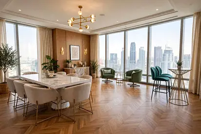 Spacious Dining & Lounge Set in Modern High-Rise Apartment (Photos of Room)
