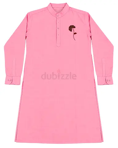 Men’s Pink Kurta with Stylish Chest Embroidery | Full Sleeve Traditional Ethnic Wear | Length 41 in